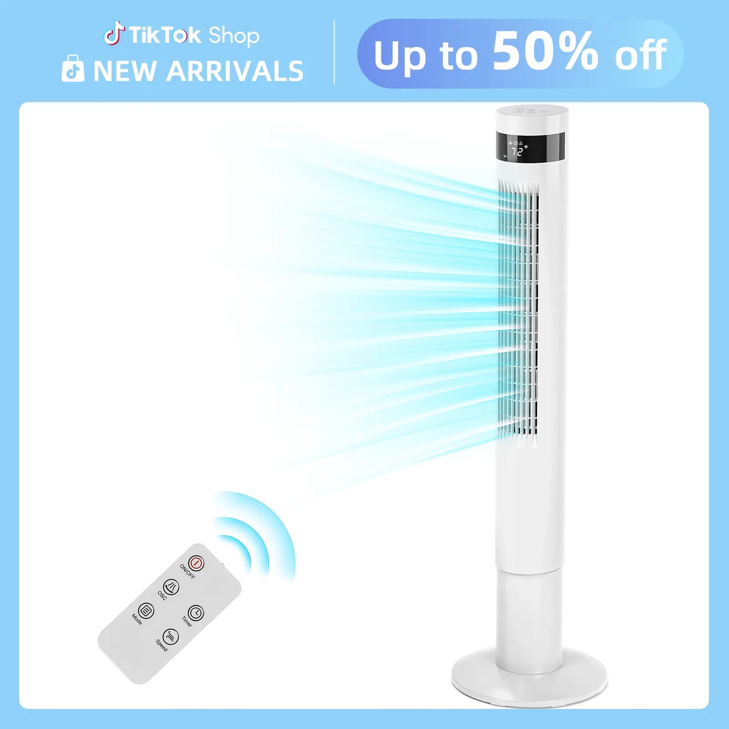 【NOT Ac】Antarctic Star 43 Inch Tower Fan - Portable Electric Oscillating Fan with Remote Control, Quiet Operation, 3 Speed Settings & 12H Timer, Bladeless Standing Floor Fan for Bedroom & Office[No Cooling] [No Temperature Adjustment]