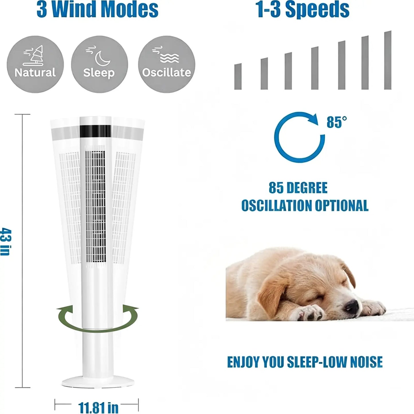 【NOT Ac】Antarctic Star 43 Inch Tower Fan - Portable Electric Oscillating Fan with Remote Control, Quiet Operation, 3 Speed Settings & 12H Timer, Bladeless Standing Floor Fan for Bedroom & Office[No Cooling] [No Temperature Adjustment]